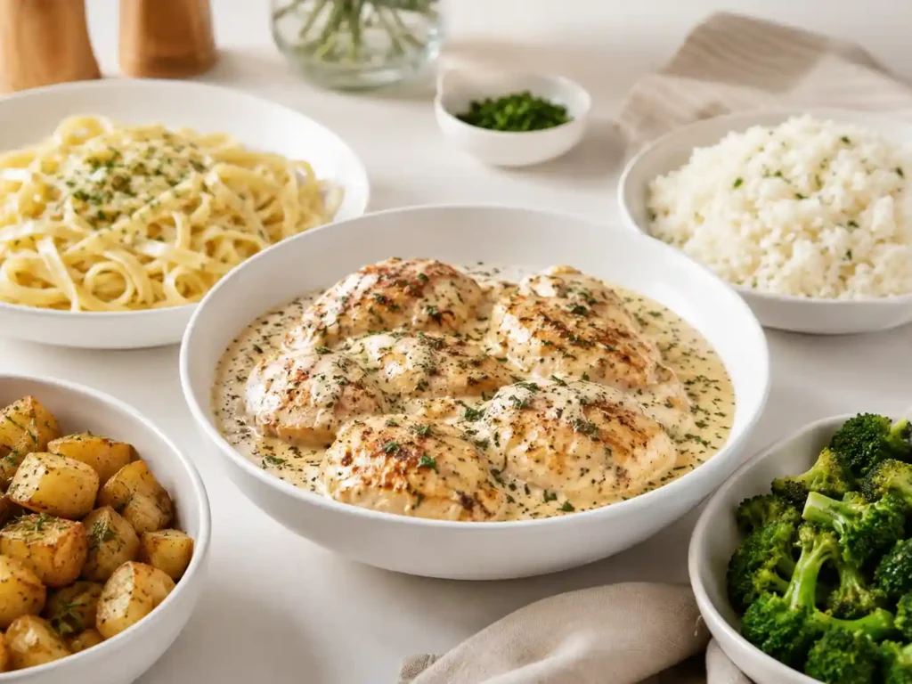 Creamy garlic parmesan chicken served with pasta, rice, potatoes, and green vegetables.