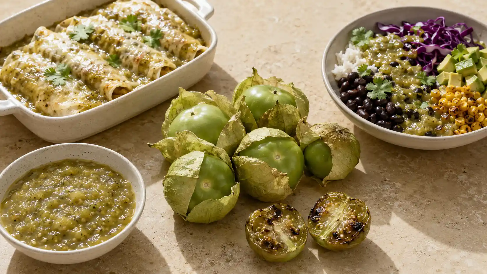 Fresh tomatillos with salsa verde, chicken enchiladas, and a black bean bowl