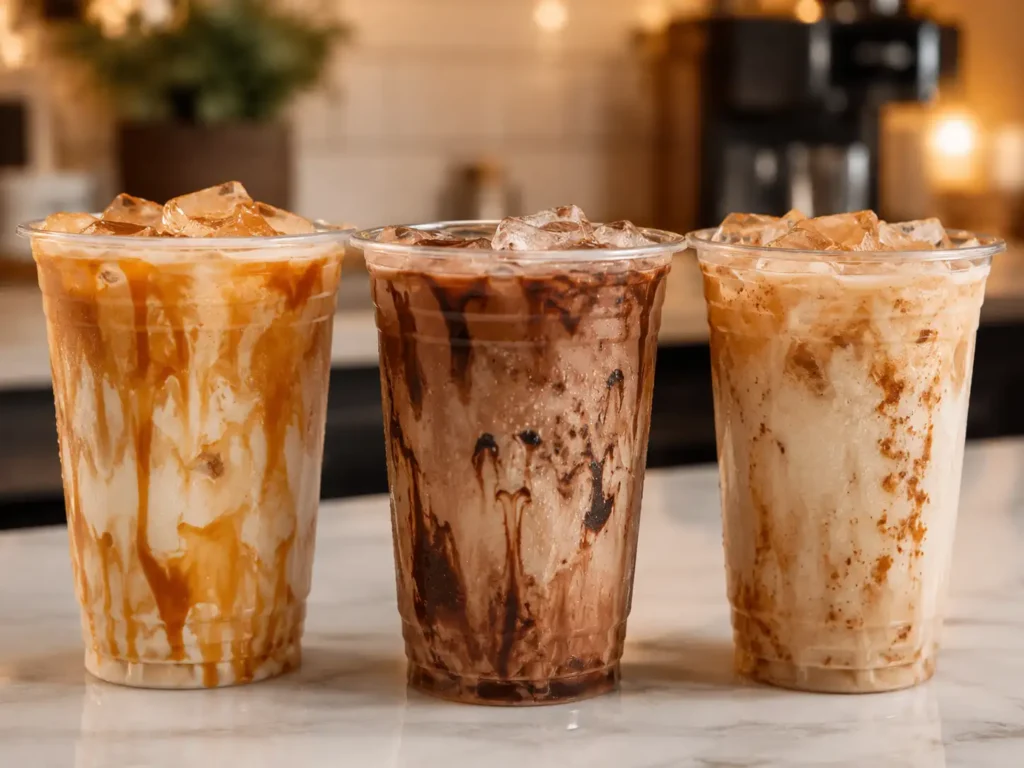 Three iced coffee drinks representing signature 7 Brew coffee flavor combinations