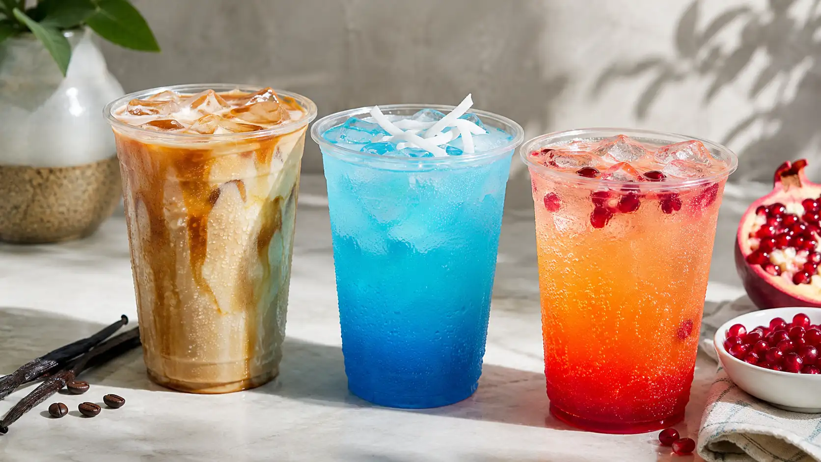 Coffee, energy, and sparkling drink options representing different 7 Brew drink categories