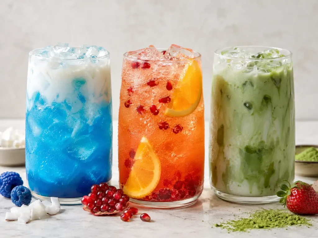 Energy, sparkling soda, and matcha drinks representing non-coffee 7 Brew options