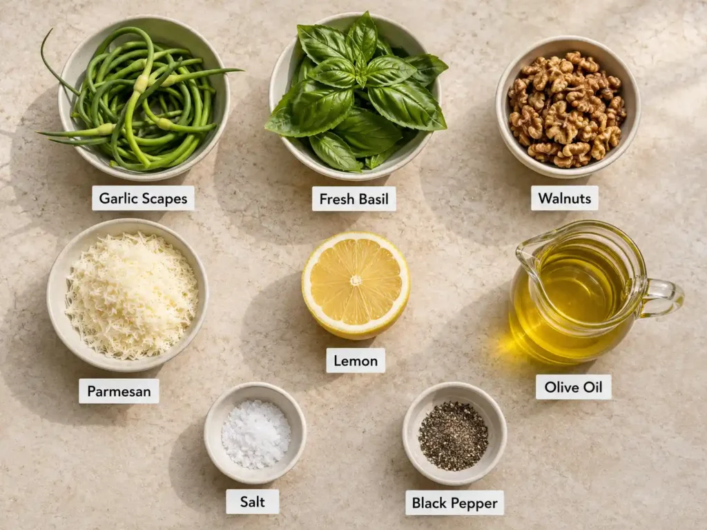 Labeled garlic scape pesto ingredients including garlic scapes, basil, walnuts, Parmesan, lemon, olive oil, salt, and black pepper.