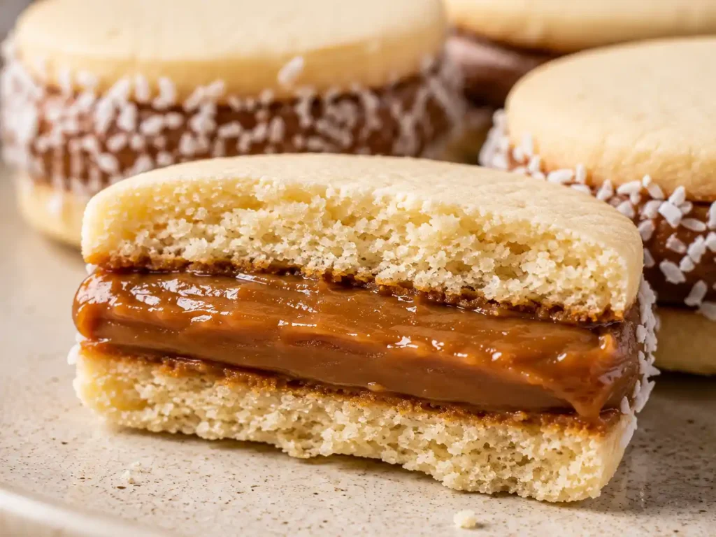 Argentinian alfajor opened to show tender cookies and thick dulce de leche filling