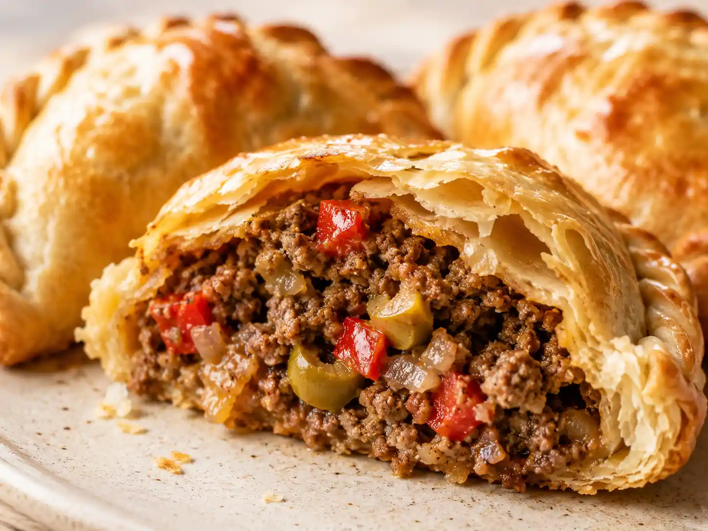 Baked Argentinian beef empanada broken open to show flaky pastry and a moist savory filling