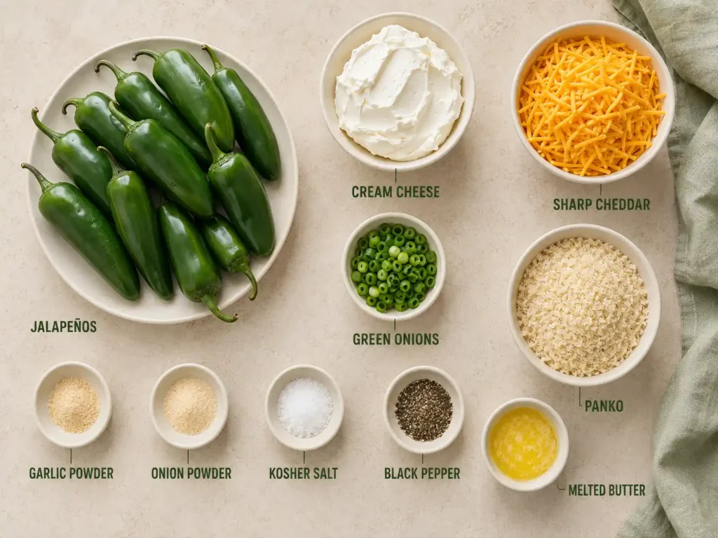 Labeled baked jalapeño popper ingredients including jalapeños, cream cheese, cheddar, green onions, seasonings, panko, and melted butter.