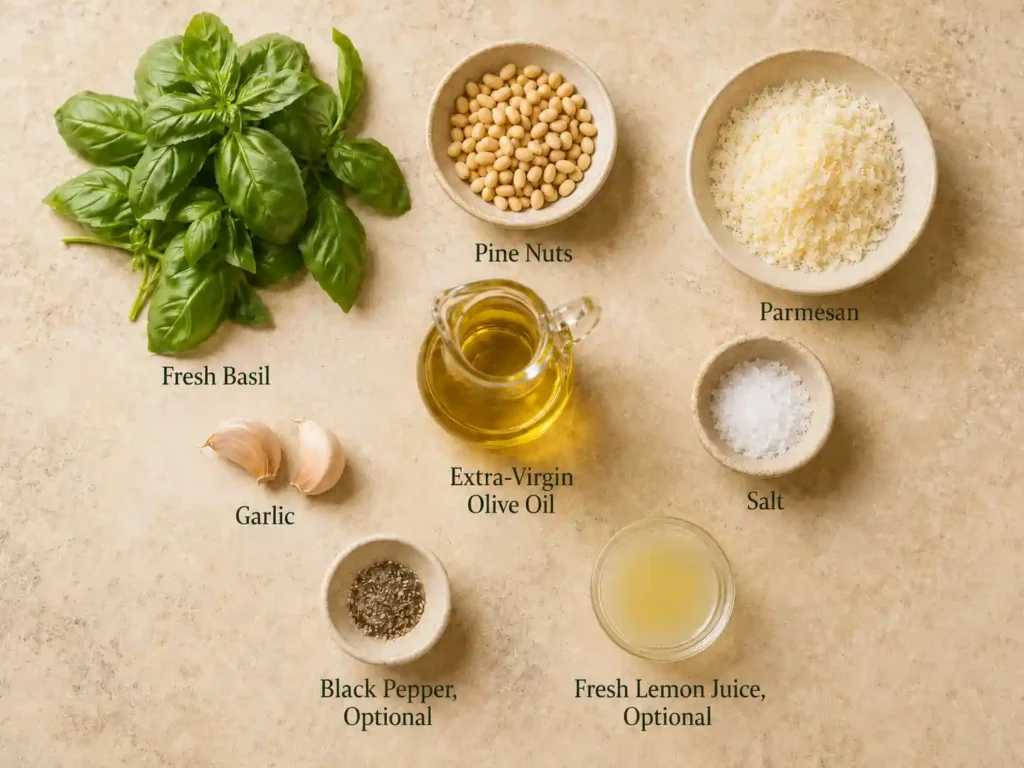 Labeled basil pesto ingredients including fresh basil, pine nuts, Parmesan, garlic, olive oil, salt, black pepper, and optional lemon juice.