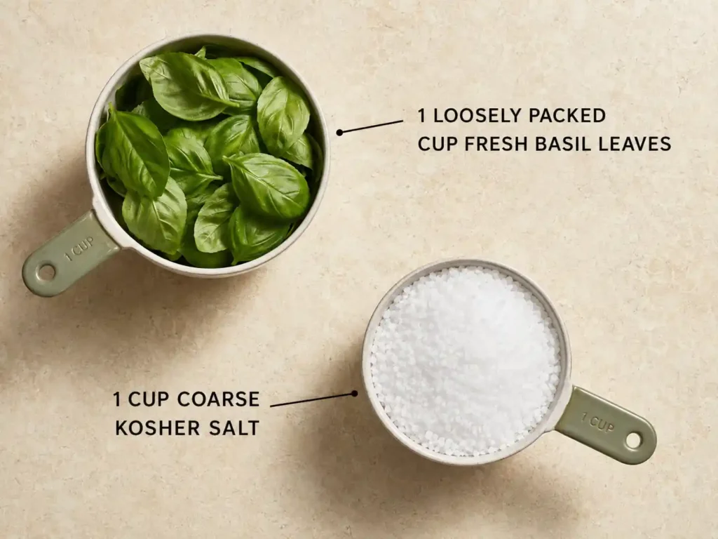 Fresh basil leaves and coarse kosher salt labeled with recipe quantities