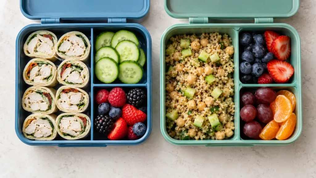 Two bento box lunch ideas with pinwheels, vegetables, chickpeas, quinoa, and fruit