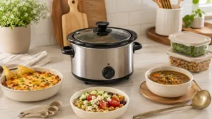 Mini Crock Pot buying guide scene with a small slow cooker, warm dip, soup, potatoes, lunch bowl, and compact kitchen tools.