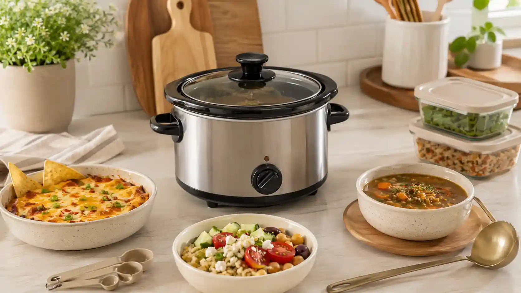 Mini Crock Pot buying guide scene with a small slow cooker, warm dip, soup, potatoes, lunch bowl, and compact kitchen tools.