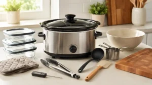 Slow cooker accessories arranged on a kitchen counter with tongs, ladle, thermometer, spatula, and meal prep containers