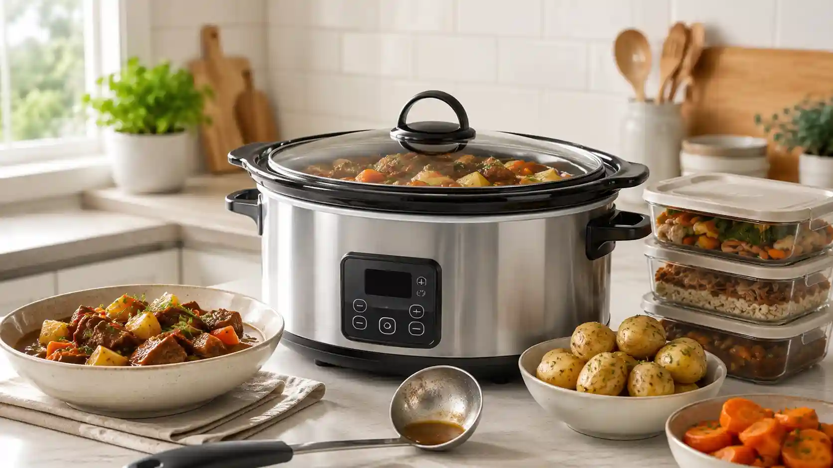 Generic slow cooker on a bright kitchen counter with family dinner bowls and meal prep containers