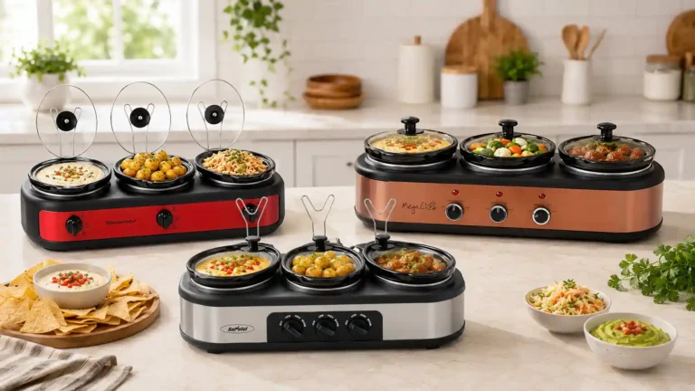 Comparison of three triple slow cookers with warm party foods on a bright kitchen counter