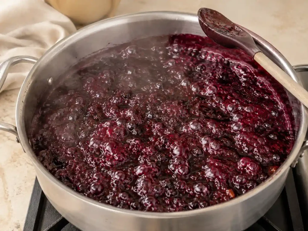 Blackberry jam bubbling vigorously across the full surface of a large saucepan during the final hard boil.