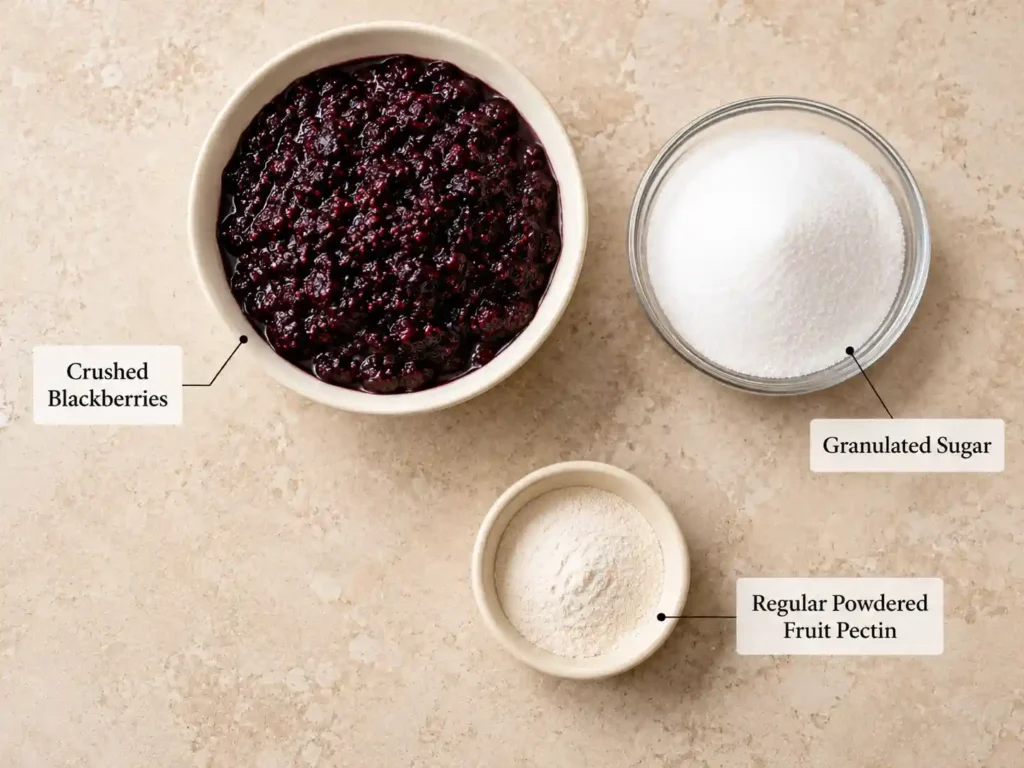 Labeled blackberry jam ingredients including crushed blackberries, regular powdered fruit pectin, and granulated sugar.