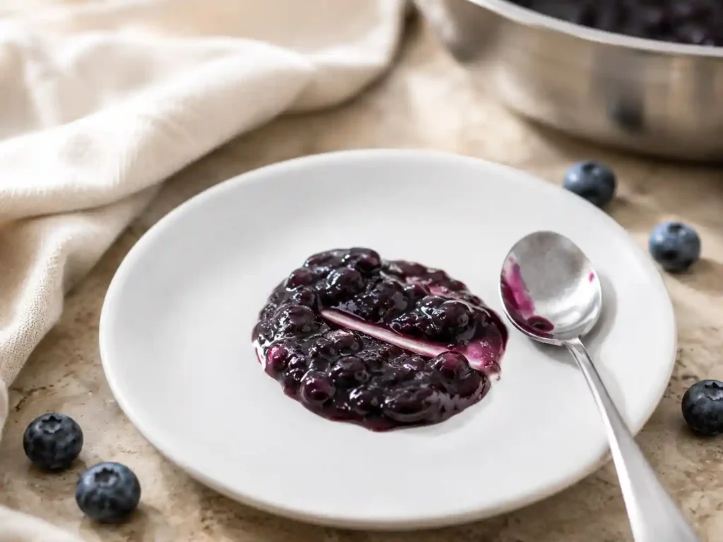 Spoonful of blueberry jam on a chilled white plate showing a slight wrinkle during the doneness test.