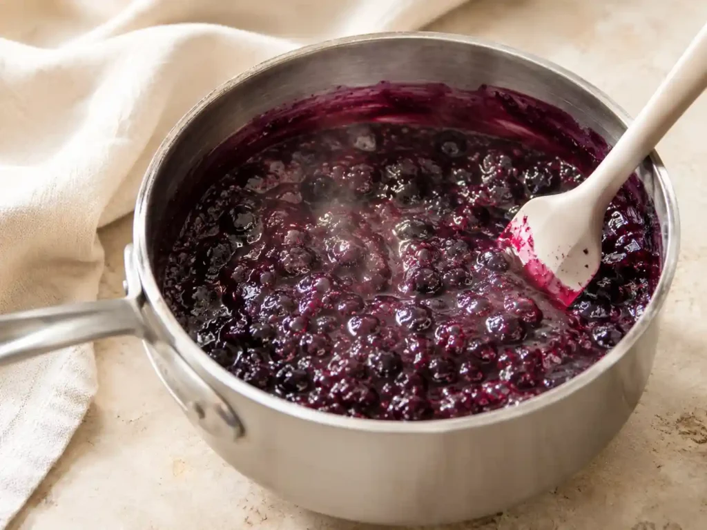 Blueberries, sugar, and lemon juice cooking into thick jam in a saucepan with visible fruit pieces.