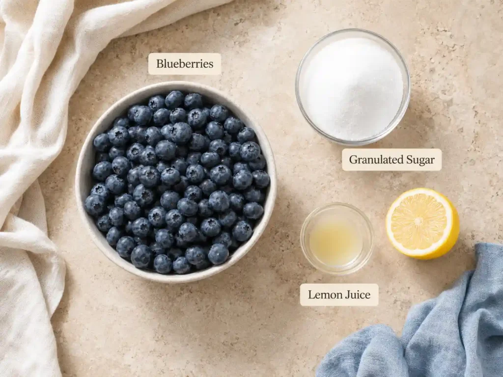 Blueberries, granulated sugar, and lemon juice arranged separately with clear ingredient labels.