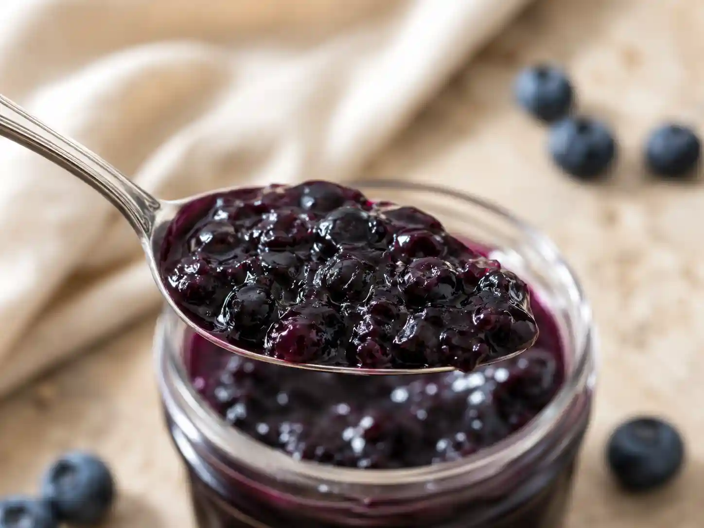 Sharp close-up of thick blueberry jam on a spoon showing a glossy soft-set texture and visible fruit pieces.