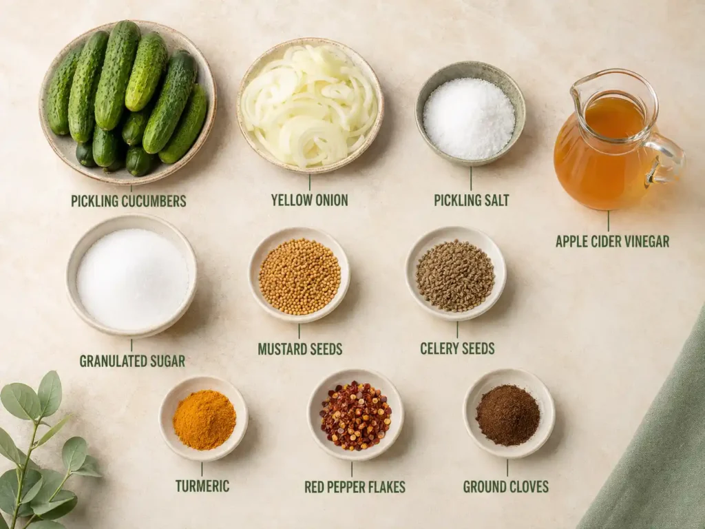 Labeled bread and butter pickle ingredients including cucumbers, onion, pickling salt, vinegar, sugar, mustard seeds, celery seeds, turmeric, red pepper flakes, and cloves.
