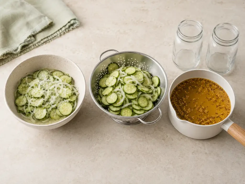 Sliced cucumbers and onions shown during salting, draining, and preparation of the warm spiced pickle brine.