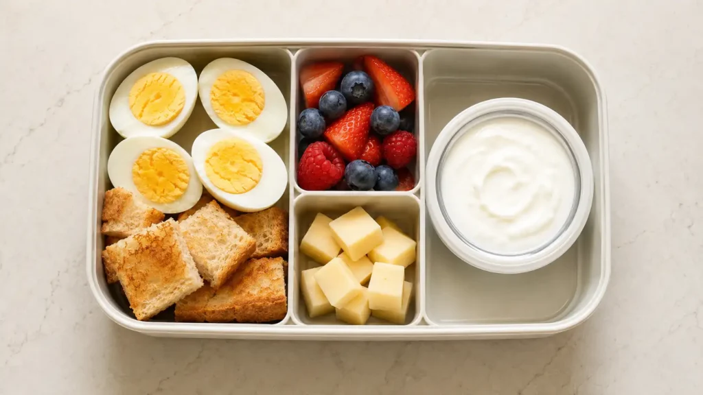 Breakfast bento box with eggs, toast, berries, yogurt, and cheese