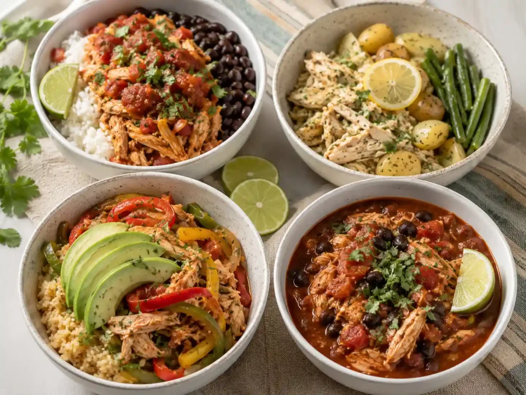 Chicken crockpot dinner bowls with salsa chicken rice beans potatoes fajita vegetables and herbs