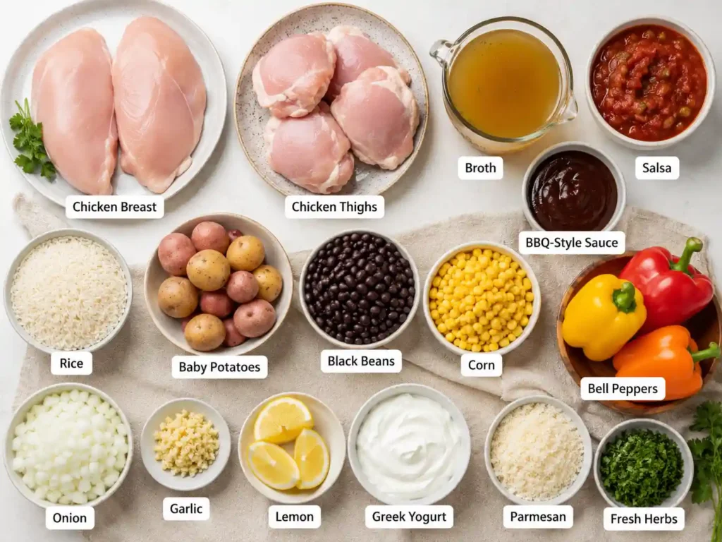 Labeled chicken crockpot ingredients including chicken breast chicken thighs broth salsa rice potatoes beans peppers onion garlic and herbs