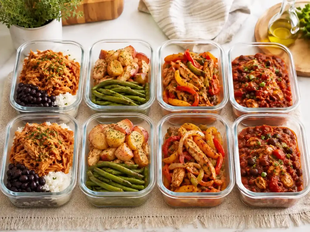 Chicken crockpot meal prep containers with shredded chicken rice potatoes beans vegetables and sauce