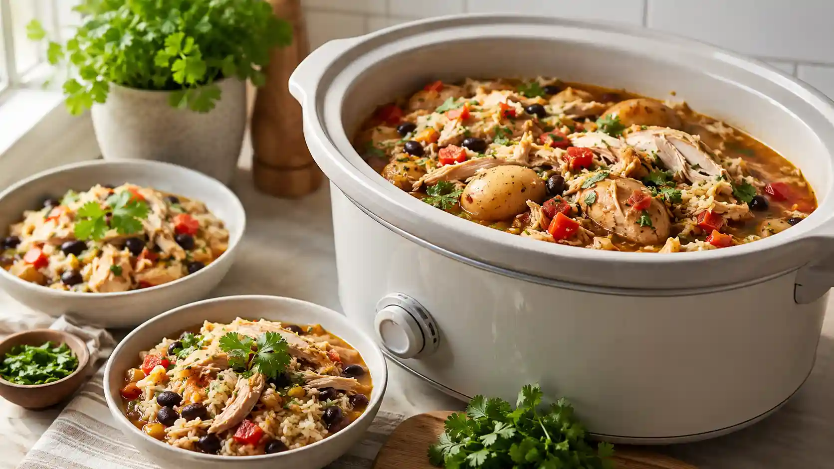 Chicken crockpot recipes with shredded chicken rice potatoes vegetables beans and fresh herbs