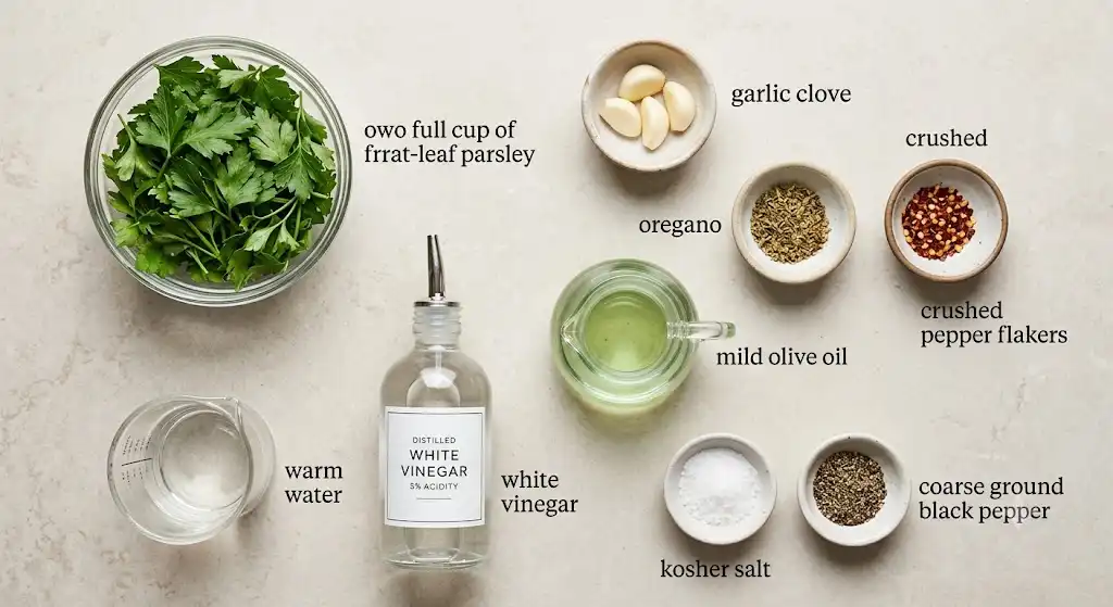 Labeled chimichurri ingredients including flat-leaf parsley, garlic, oregano, red pepper flakes, warm water, distilled white vinegar, olive oil, salt, and black pepper