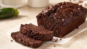 Sliced chocolate zucchini bread loaf with a dark cocoa crumb and chocolate chips