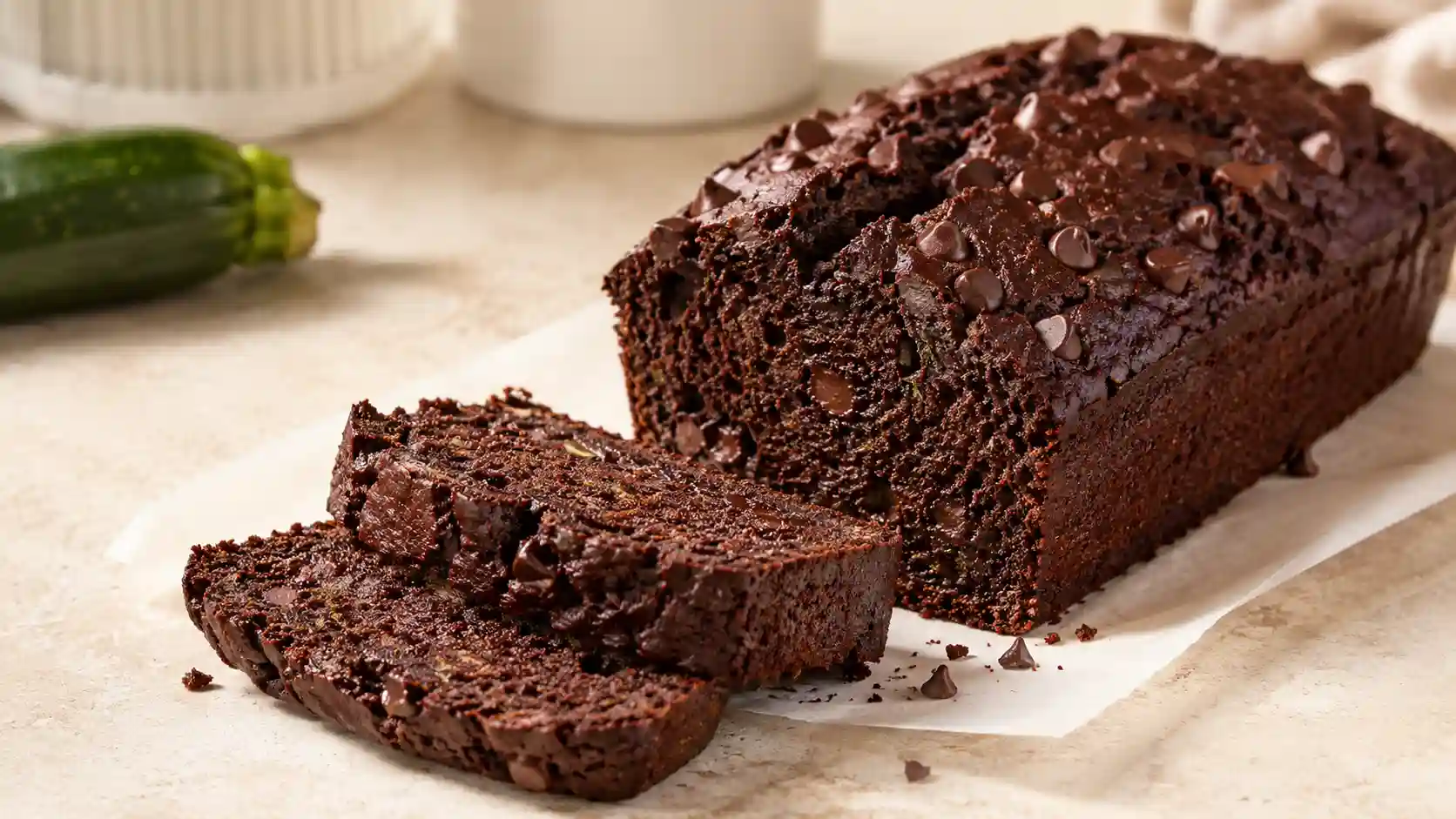 Sliced chocolate zucchini bread loaf with a dark cocoa crumb and chocolate chips