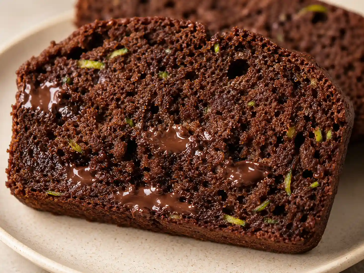 Close-up of fully baked chocolate zucchini bread with a fine crumb and chocolate chips
