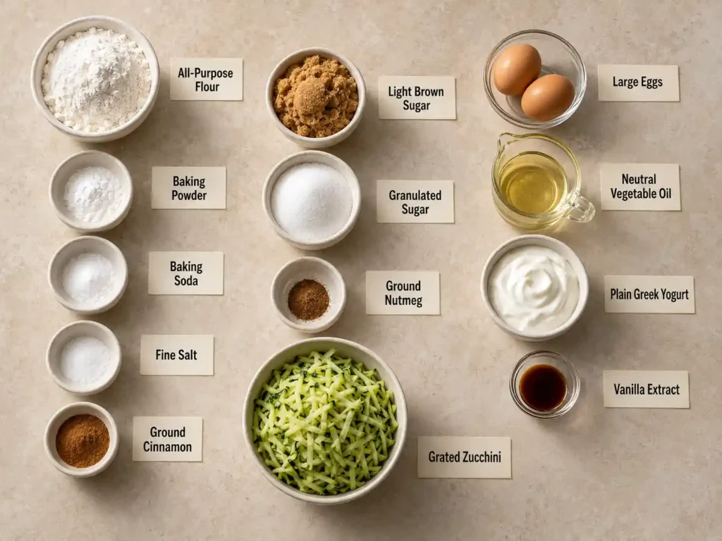 Labeled ingredients for zucchini bread including flour, eggs, sugars, oil, Greek yogurt and grated zucchini