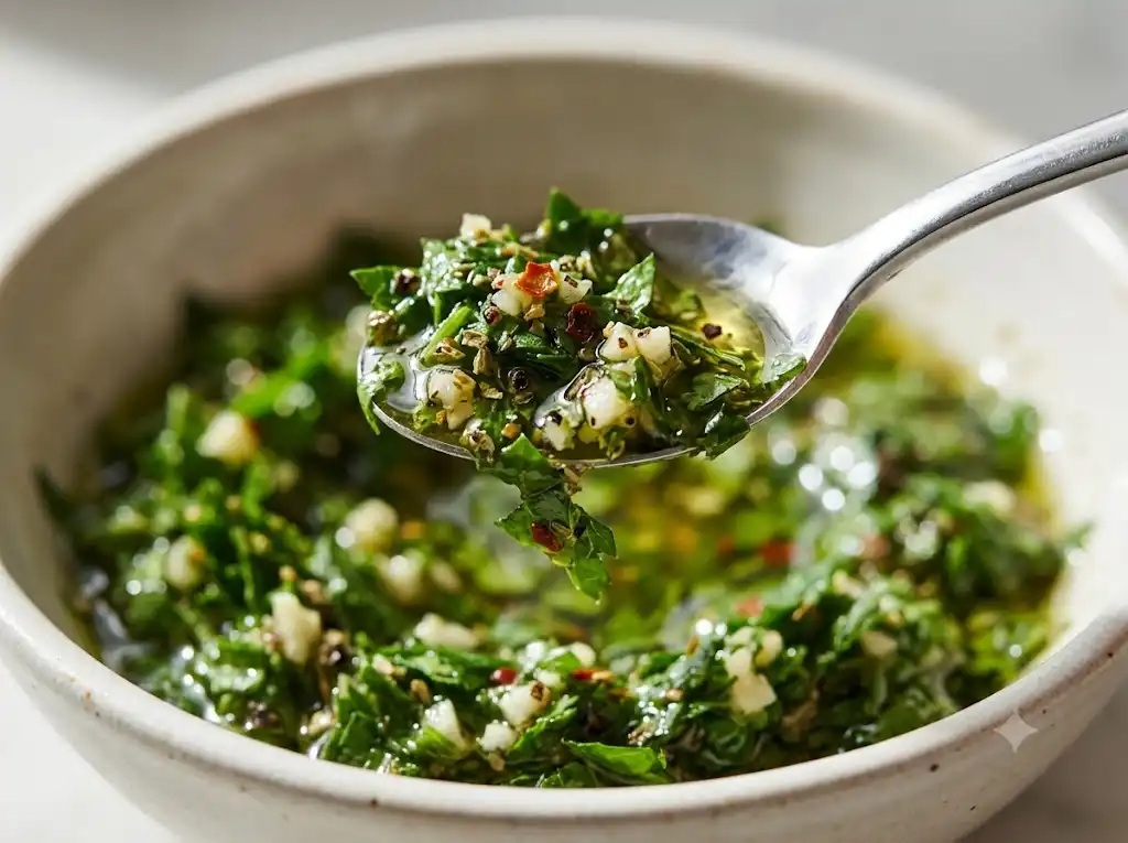 Close-up of coarse chimichurri sauce with visible chopped parsley, garlic, oregano, and red pepper flakes on a spoon