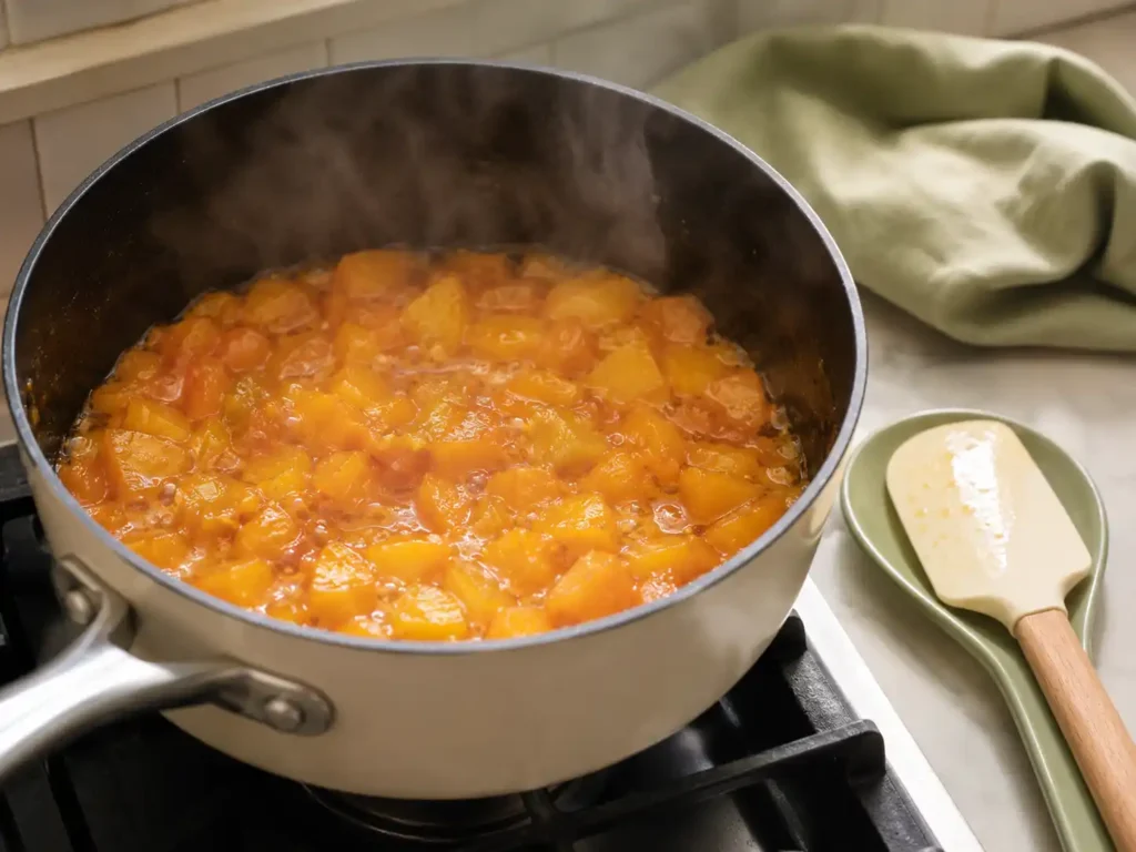 Peach pieces cooking with sugar and lemon juice in a saucepan.