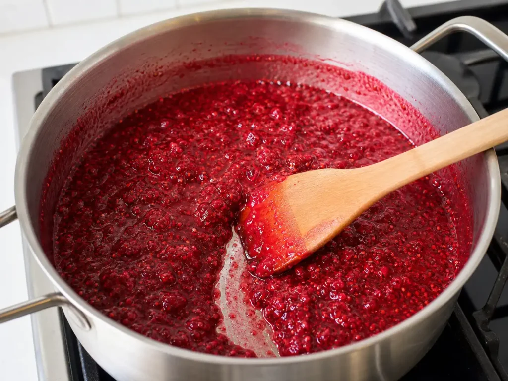 Raspberry jam simmering in a wide saucepan with a spatula trail through the thickened fruit