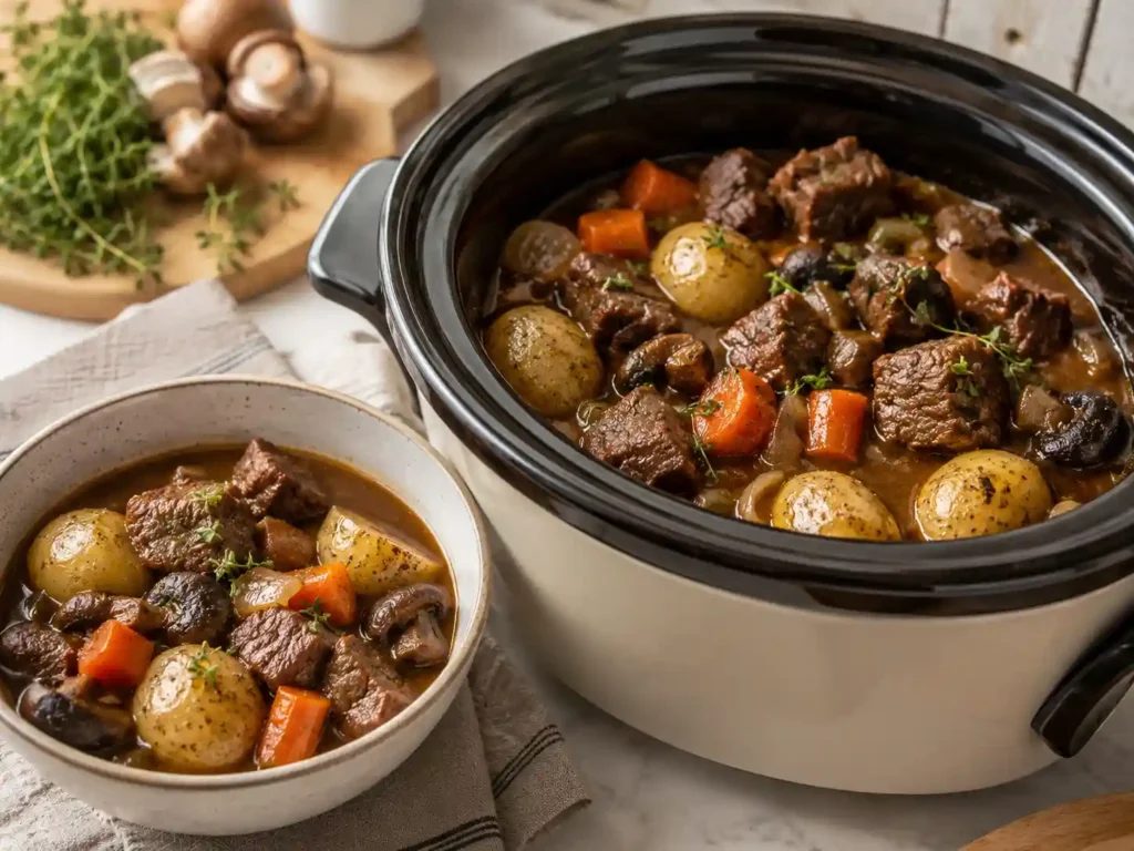 Cozy beef crockpot meal with tender beef pieces, potatoes, carrots, mushrooms, and a savory sauce.