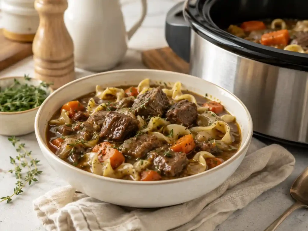 Cozy slow cooker beef dinner with tender beef, noodles, carrots, herbs, and savory sauce in a serving bowl.