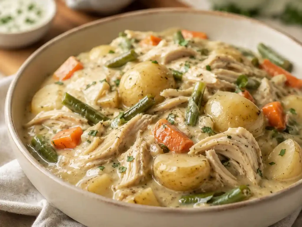 Close-up of creamy crockpot chicken with tender potatoes, vegetables, and a rich sauce served in a cozy dinner bowl.