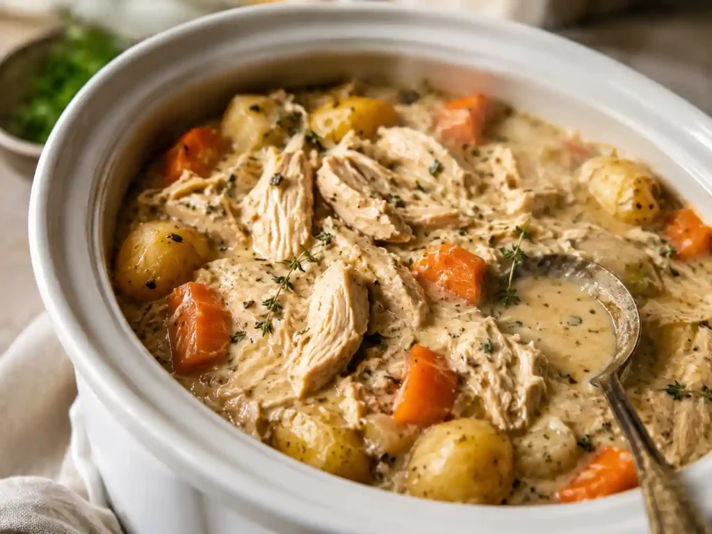 Close-up of creamy slow cooker chicken with tender shredded texture, potatoes, herbs, and sauce in a cozy dinner bowl.