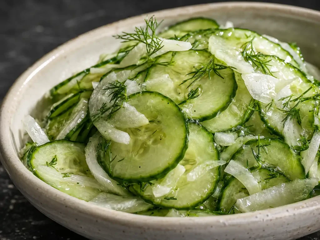 Sharp close-up of crisp cucumber slices and onions coated in a clear vinegar dressing.