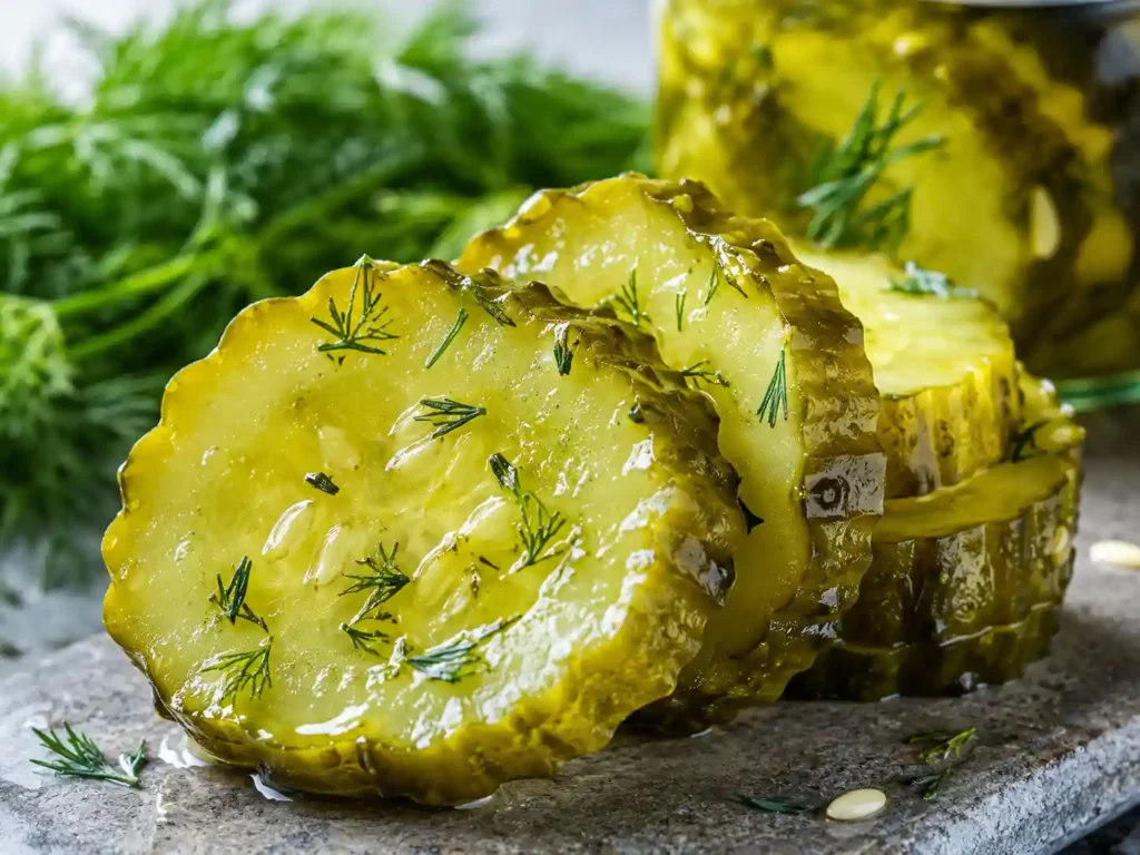 Sharp close-up of crisp refrigerator dill pickle chips showing cucumber ridges, seeds, fresh dill, and glossy brine.