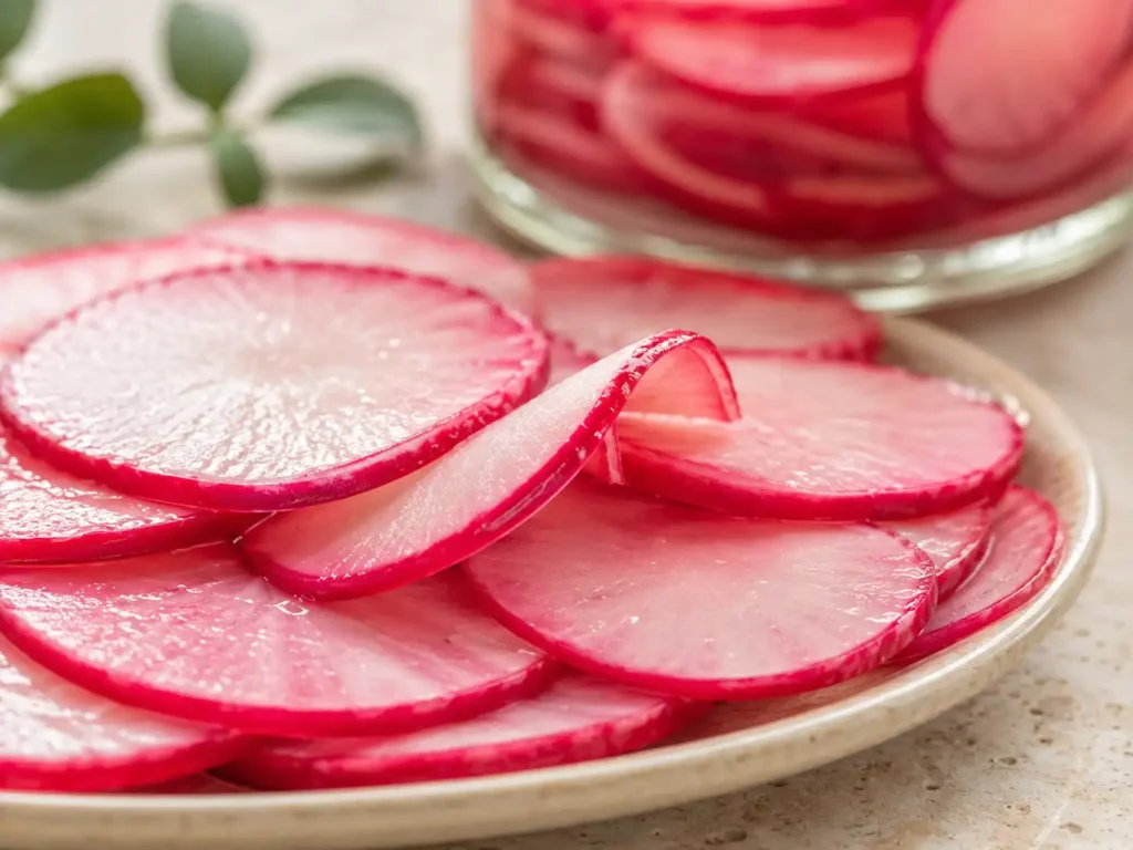 Extreme close-up of crisp quick pickled radish slices with pink edges and translucent centers