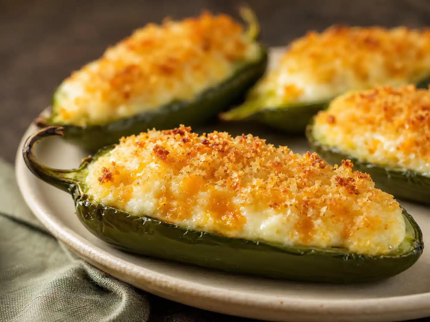 Close-up of a baked jalapeño popper with creamy melted cheese and crisp golden panko.