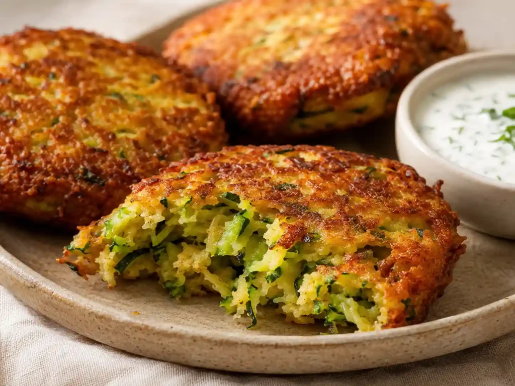 Close-up of a golden zucchini fritter broken open to show its browned crust and tender shredded zucchini center.