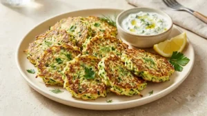 Eight golden zucchini fritters served on a cream plate with a small bowl of yogurt herb dip
