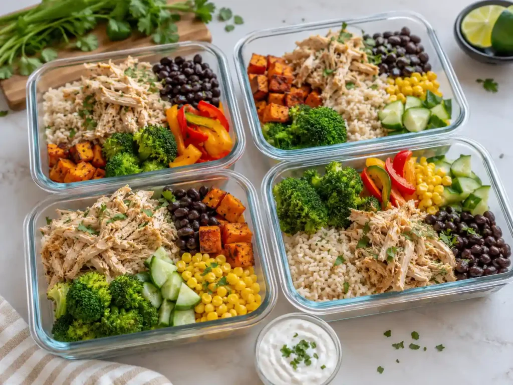 Healthy crockpot chicken meal prep containers with rice vegetables beans and shredded chicken