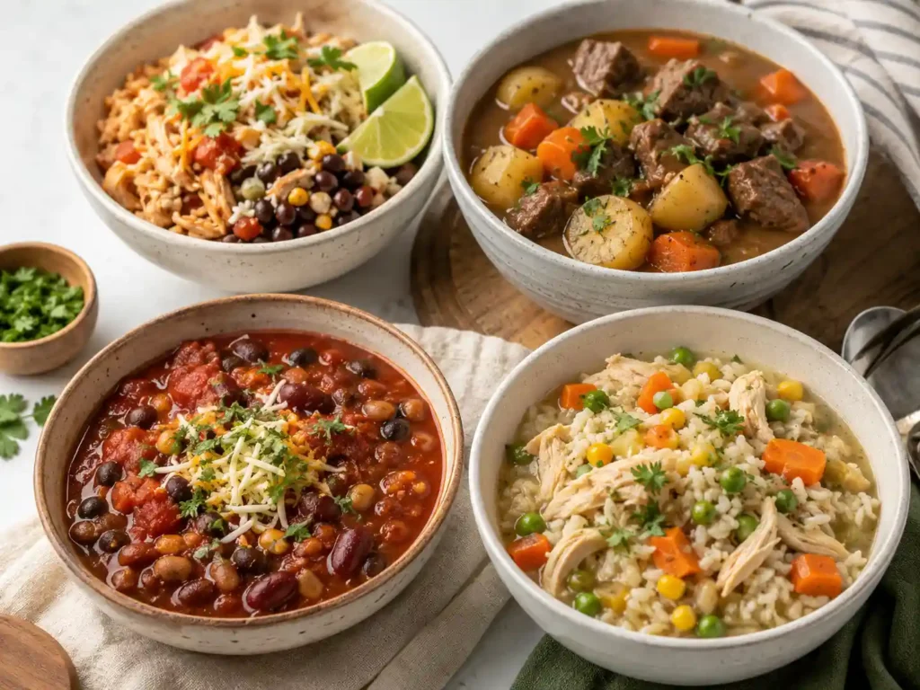 Crockpot dinner bowls with salsa chicken beef stew bean chili chicken rice and vegetables